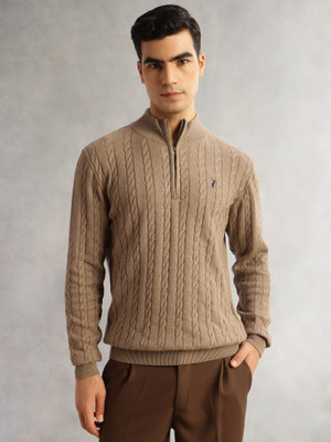 Thomas Scott Self Design High Neck Casual Men Beige Sweater