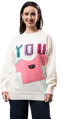 GFO Graphic Print Round Neck Casual Women White Sweater