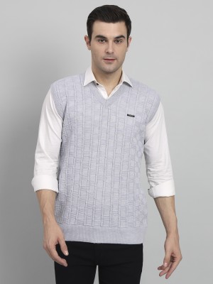 eWools Checkered V Neck Casual Men Grey Sweater