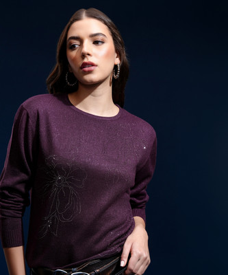 Tokyo Talkies Embroidered Round Neck Casual Women Purple Sweater