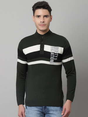 CANTABIL Striped Round Neck Casual Men Green Sweater
