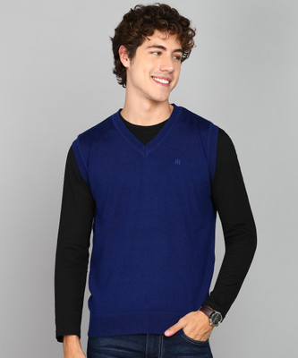 Raymond Solid V Neck Casual Men Dark Blue Sweater
