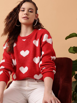 STREET9 Solid Round Neck Casual Women Red Sweater