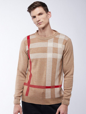 Pivl Printed Round Neck Casual Men Beige Sweater