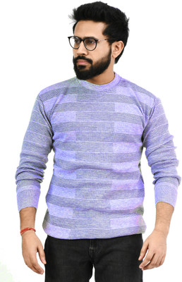 WoolCraft Striped Round Neck Casual Men Blue Sweater