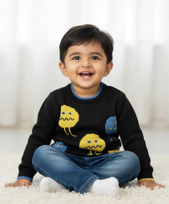 mothermade Self Design Round Neck Casual Baby Boys & Baby Girls Black Sweater