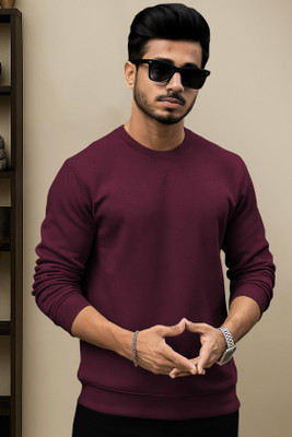 TRIPR Solid Round Neck Casual Men Maroon Sweater