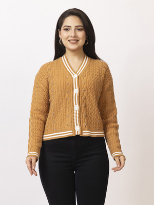 Lasoon Self Design V Neck Casual Women Brown Sweater