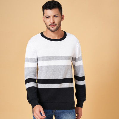 Byford by Pantaloons Striped Round Neck Casual Men Black Sweater