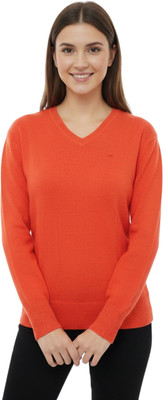 ARYANS Solid V Neck Casual Women Orange Sweater