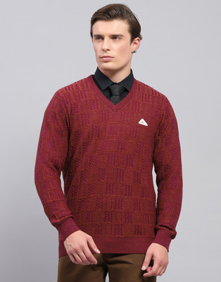 MONTE CARLO Self Design V Neck Casual Men Maroon Sweater