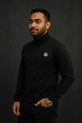 Krop Fashion Solid High Neck Casual Men Black Sweater