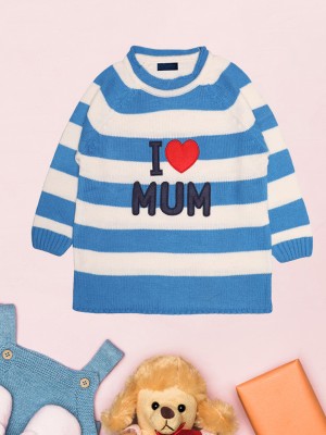 CHKOKKO Striped Round Neck Casual Baby Girls Blue Sweater