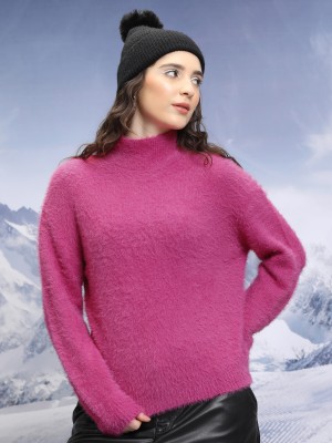 Tokyo Talkies Self Design High Neck Casual Women Pink Sweater