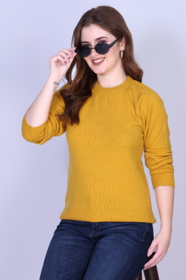 SOSHAGUN Solid Round Neck Casual Women Gold Sweater