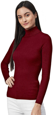 Oishee Woven Turtle Neck Casual Women Maroon Sweater