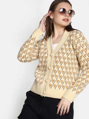 V-MART Self Design V Neck Casual Women Beige, Beige Sweater