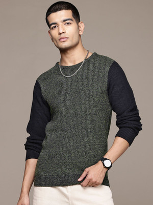 Roadster Solid Round Neck Casual Men Black, Dark Green Sweater