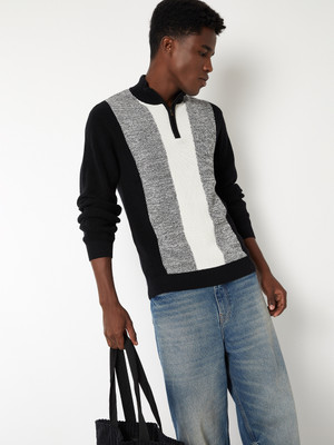 MAX Colorblock Round Neck Casual Men Black, White, Grey Sweater
