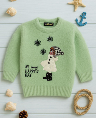 Rebiva Fab Embroidered Round Neck Casual Girls Light Green Sweater