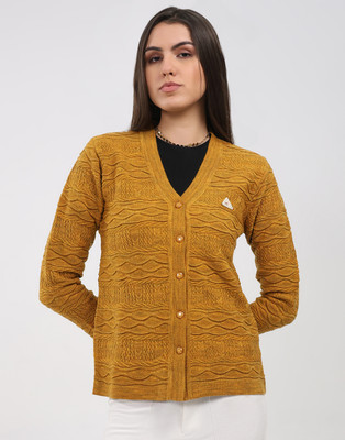 MONTE CARLO Self Design V Neck Casual Women Yellow Sweater