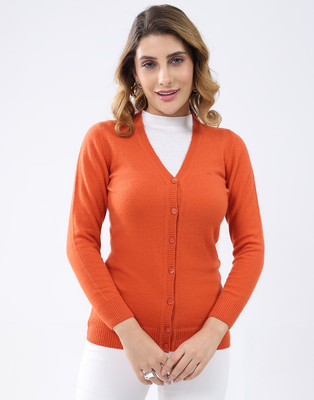 MONTE CARLO Self Design V Neck Casual Women Orange Sweater