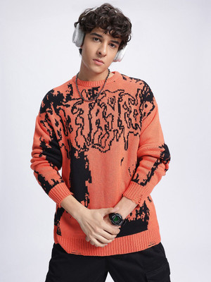 Glitchez Self Design Round Neck Casual Men Orange Sweater