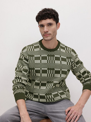 Roadster Checkered Round Neck Casual Men Green Sweater