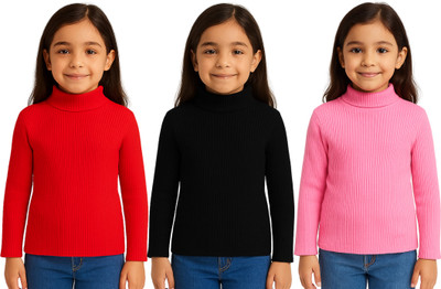 Chiclift Solid High Neck Casual Baby Girls Red, Black, Pink Sweater
