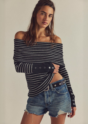 LULU & SKY Striped Off Shoulder Casual Women Black Sweater