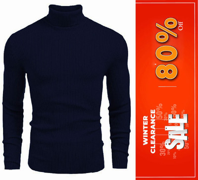 Cat Bunny Self Design High Neck Casual Men Dark Blue Sweater