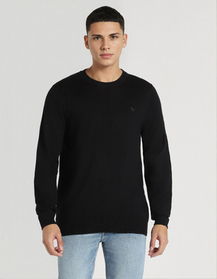 American Eagle Solid Round Neck Casual Men Black Sweater