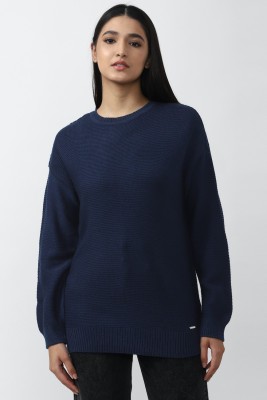 VAN HEUSEN Solid Round Neck Casual Women Dark Blue Sweater