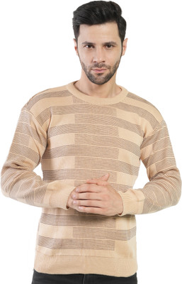 manra Self Design Round Neck Casual Men Beige Sweater