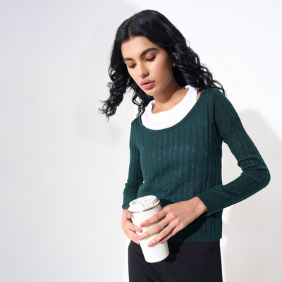 Ajile By Pantaloons Striped Round Neck Casual Women Green Sweater