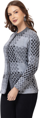 Pyro Spirit Geometric Print Collared Neck Casual Women Grey Sweater