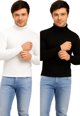 COPEHI Striped High Neck Casual Men Black, White Sweater