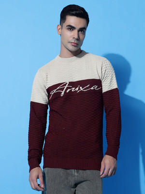 ANIXA Colorblock Crew Neck Casual Men White Sweater