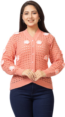Lasoon Self Design V Neck Casual Women Orange Sweater