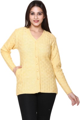 WOOL 4U Self Design V Neck Casual Women Yellow Sweater