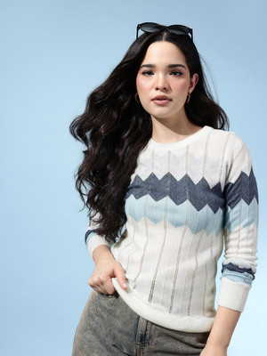 Glitchez Chevron/Zig Zag Round Neck Casual Women Multicolor Sweater