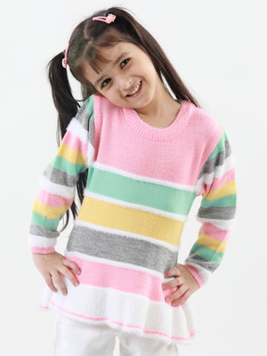 Knitco Woven Round Neck Casual Baby Girls Multicolor Sweater