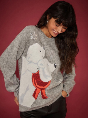 DOROTHY PERKINS Self Design Round Neck Casual Women Grey Sweater