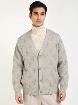 Calvin Klein Jeans Self Design V Neck Casual Men Grey Sweater