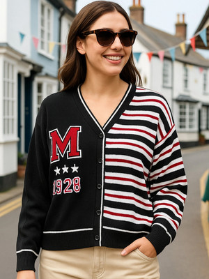 BEWAKOOF Striped V Neck Casual Women Multicolor Sweater