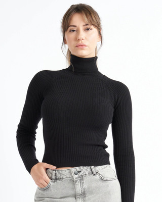 HouseOfCommon Self Design High Neck Party Women Black Sweater