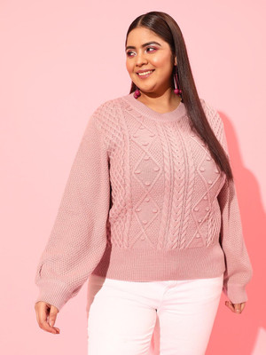 CURVY STREET Self Design Round Neck Casual Women Pink Sweater