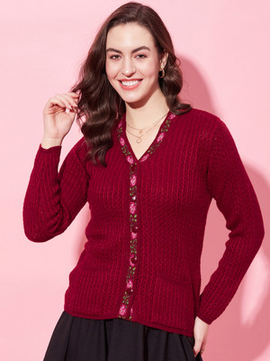 Modeve Floral Print V Neck Casual Women Red Sweater