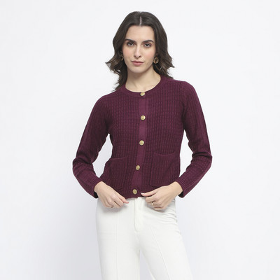 MADAME Self Design Crew Neck Casual Women Maroon Sweater