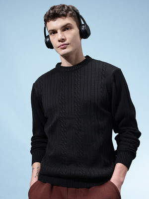 Glitchez Self Design Round Neck Casual Men Black Sweater